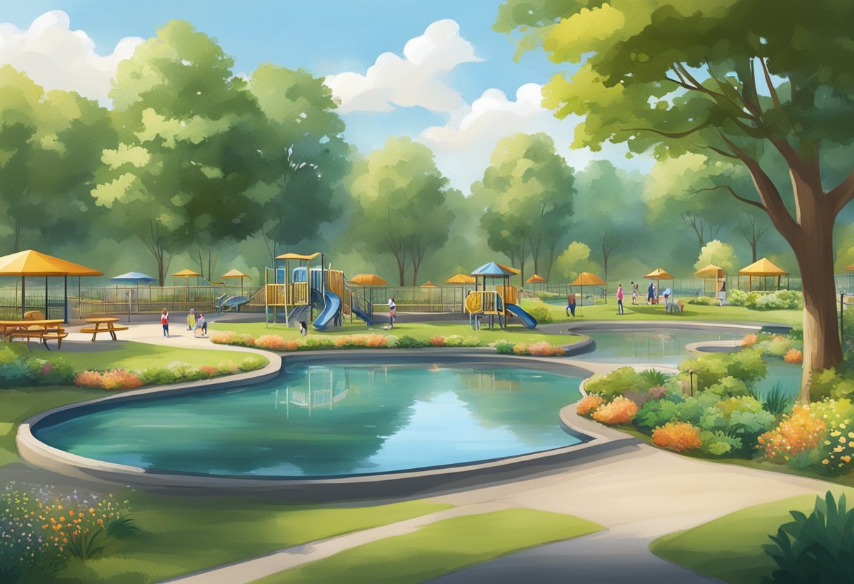 Lush greenery surrounds a playground, picnic tables, and a conservation area with signage. A serene pond reflects the vibrant scenery