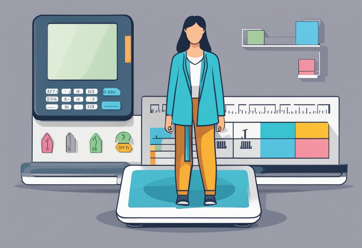 A person standing on a scale with a measuring tape around their waist, while a calculator displays the BMI result on a screen