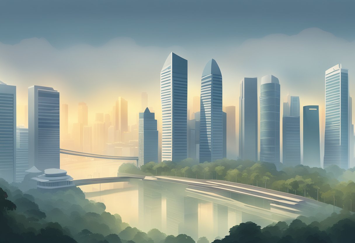 The hazy skyline of Singapore, with buildings obscured by a thick layer of smog and the sun struggling to shine through the polluted air
