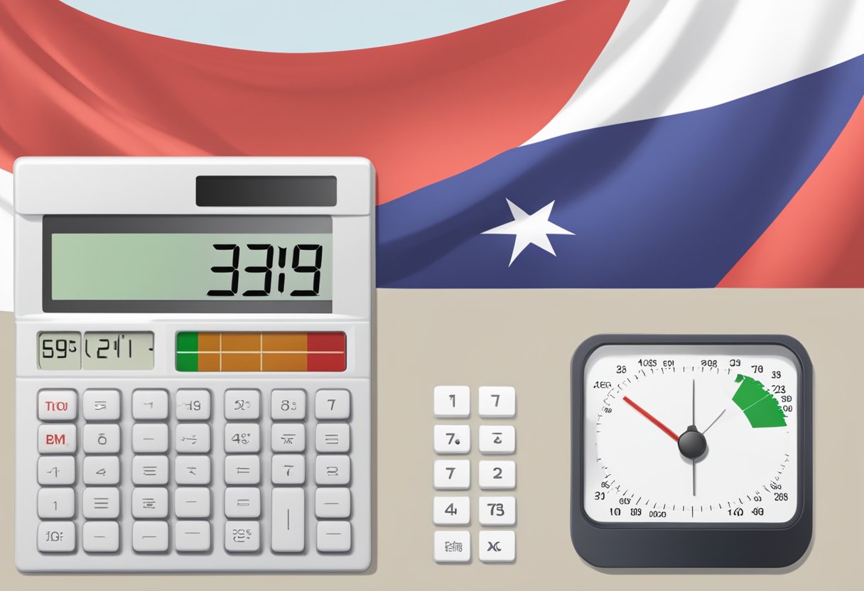 A calculator displaying BMI results with a Singapore flag in the background