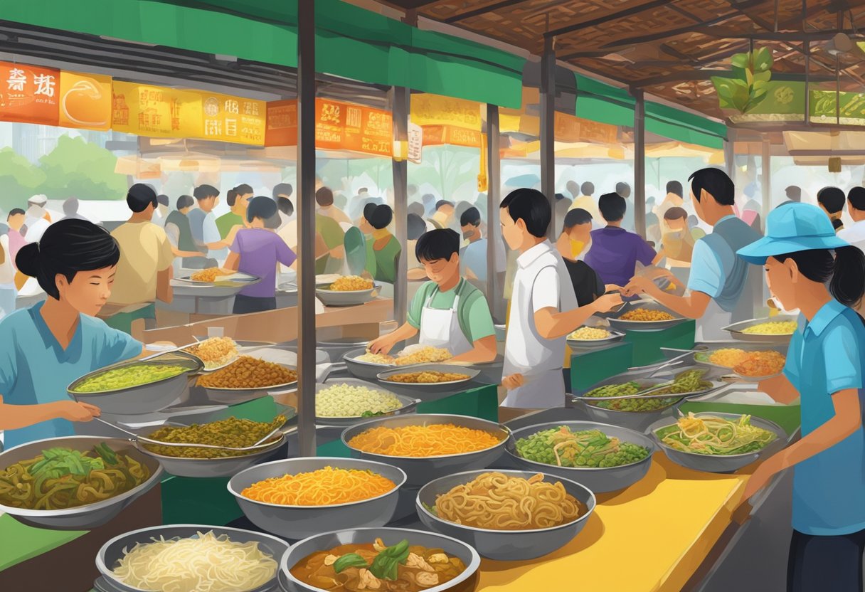 A bustling hawker center in Singapore, filled with the fragrant aromas of sizzling woks and spicy curries. Colorful plates of pad thai, green curry, and mango sticky rice line the crowded tables