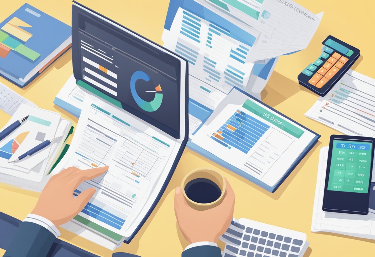 A person reviewing a credit report with a positive trend line, surrounded by financial documents and a calculator