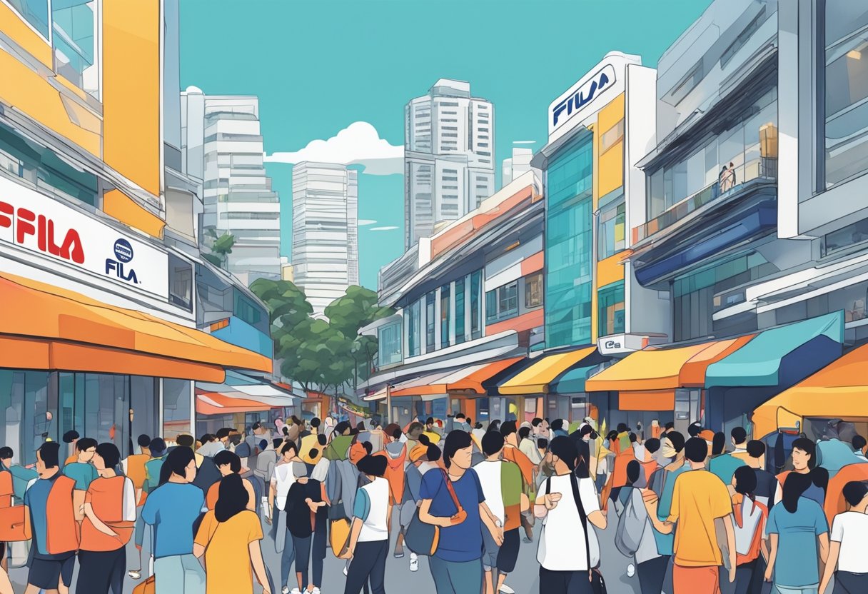 A bustling street in Singapore, with colorful shopfronts and bustling crowds. The iconic Fila logo adorns a storefront, with modern architecture in the background