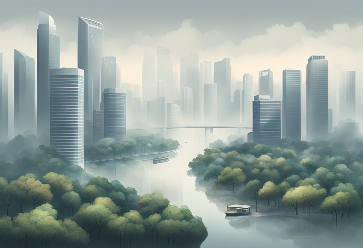 The city of Singapore is shrouded in a haze of pollution, with tall skyscrapers barely visible through the thick smog. Buildings and trees are obscured by the gray air, and the atmosphere feels heavy and oppressive