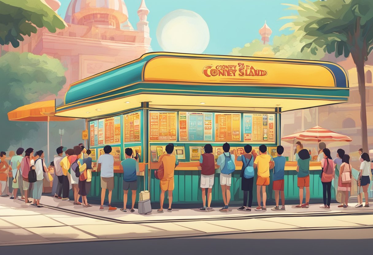 People lining up at the ticket booth at Coney Island, Singapore. The sun is shining, and the atmosphere is lively with excitement