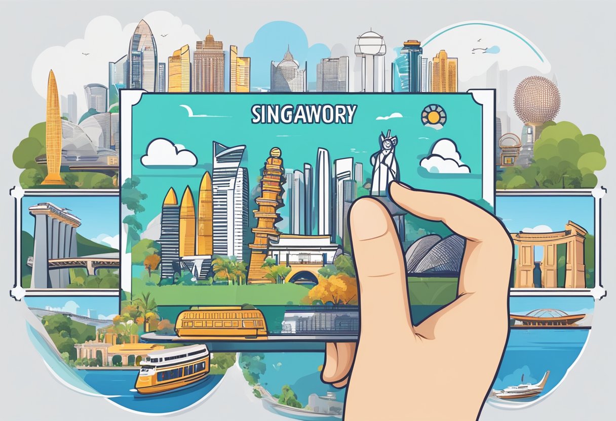A hand holding a Singapore Discovery Voucher, surrounded by iconic landmarks and symbols of the city