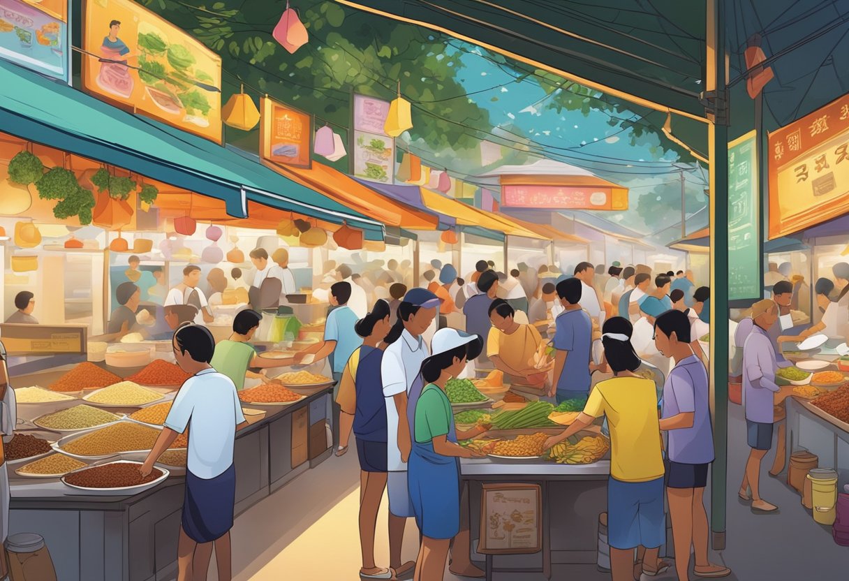 A bustling hawker center in Singapore, filled with the aroma of fragrant herbs and spices. Colorful stalls offer a variety of Thai dishes, from spicy curries to tangy salads