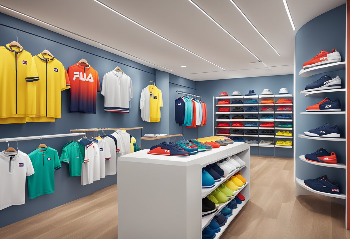 A display of Fila Singapore's various products arranged neatly in a well-lit and spacious showroom