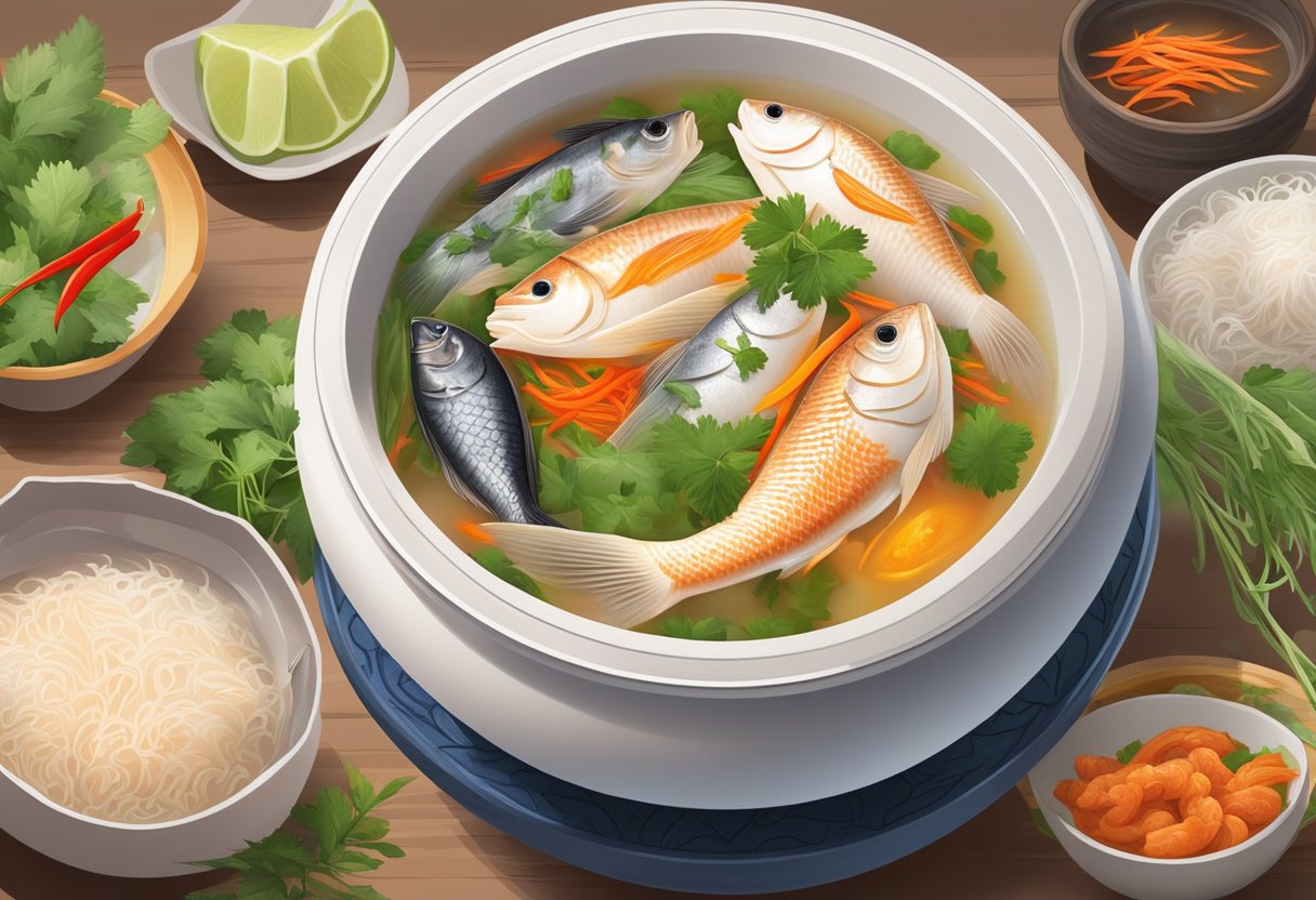 A steaming bowl of Xin Yuan Ji fish soup, with fragrant herbs and tender pieces of fish, surrounded by colorful ingredients and a hint of steam rising from the surface