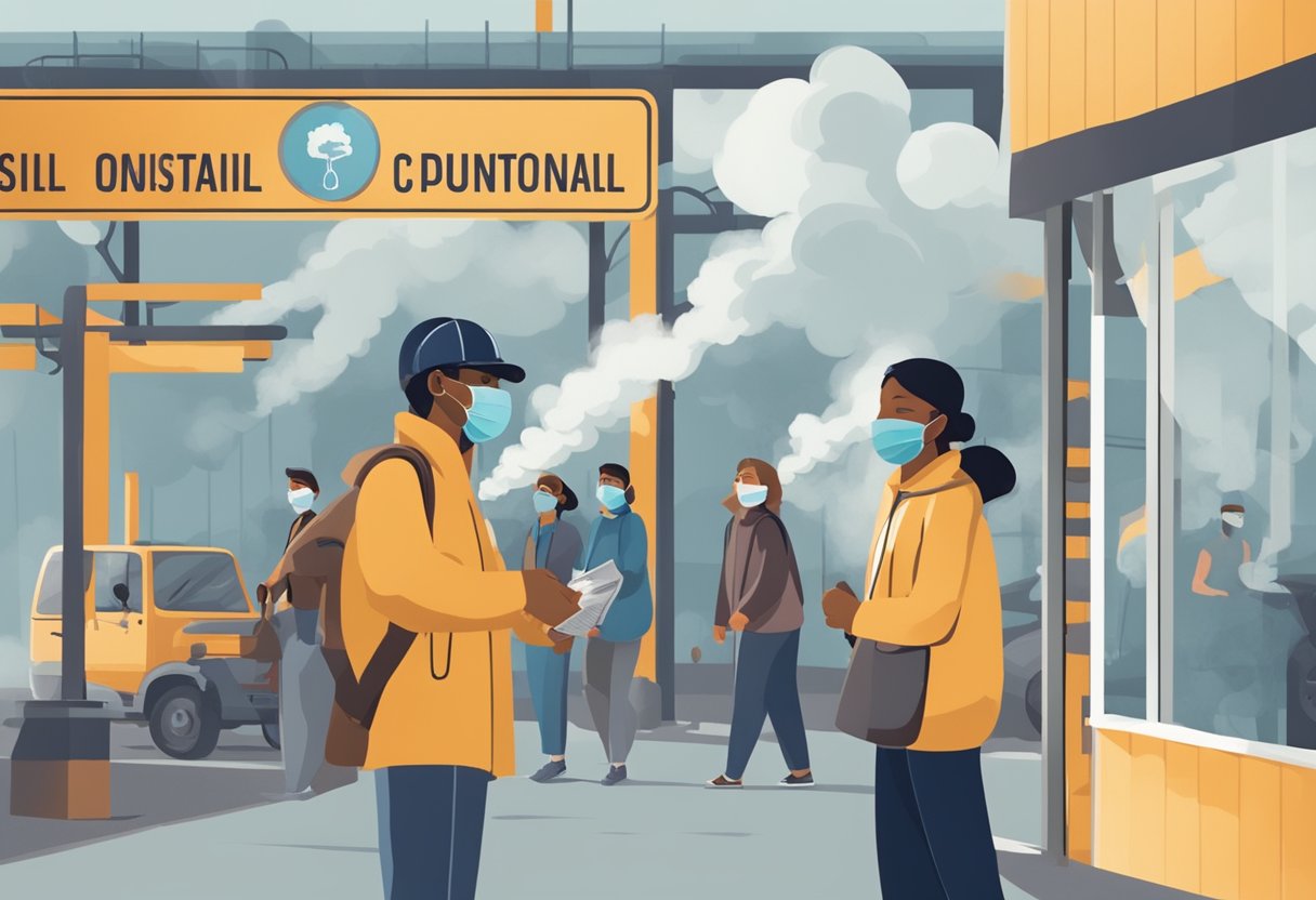 Smoke billows from industrial sites as people wear masks outdoors. Signs display air quality warnings. Officials distribute pamphlets on public health measures