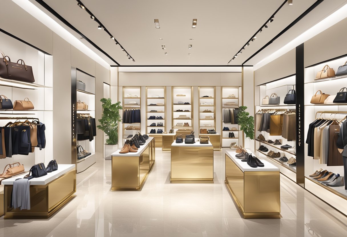 A bustling Michael Kors store in Singapore, with sleek modern displays and luxurious handbags, shoes, and accessories on prominent display