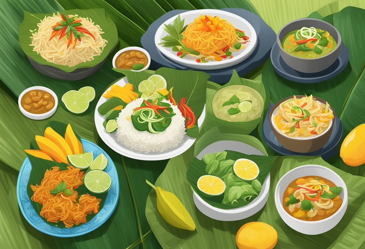 A vibrant spread of Thai dishes, including pad thai, green curry, and mango sticky rice, displayed on banana leaf plates with colorful garnishes