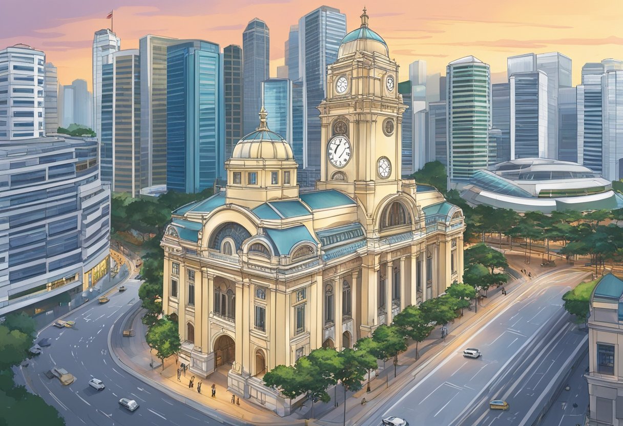 The clock tower in Singapore's financial district displays the current time, with the bustling city as the backdrop