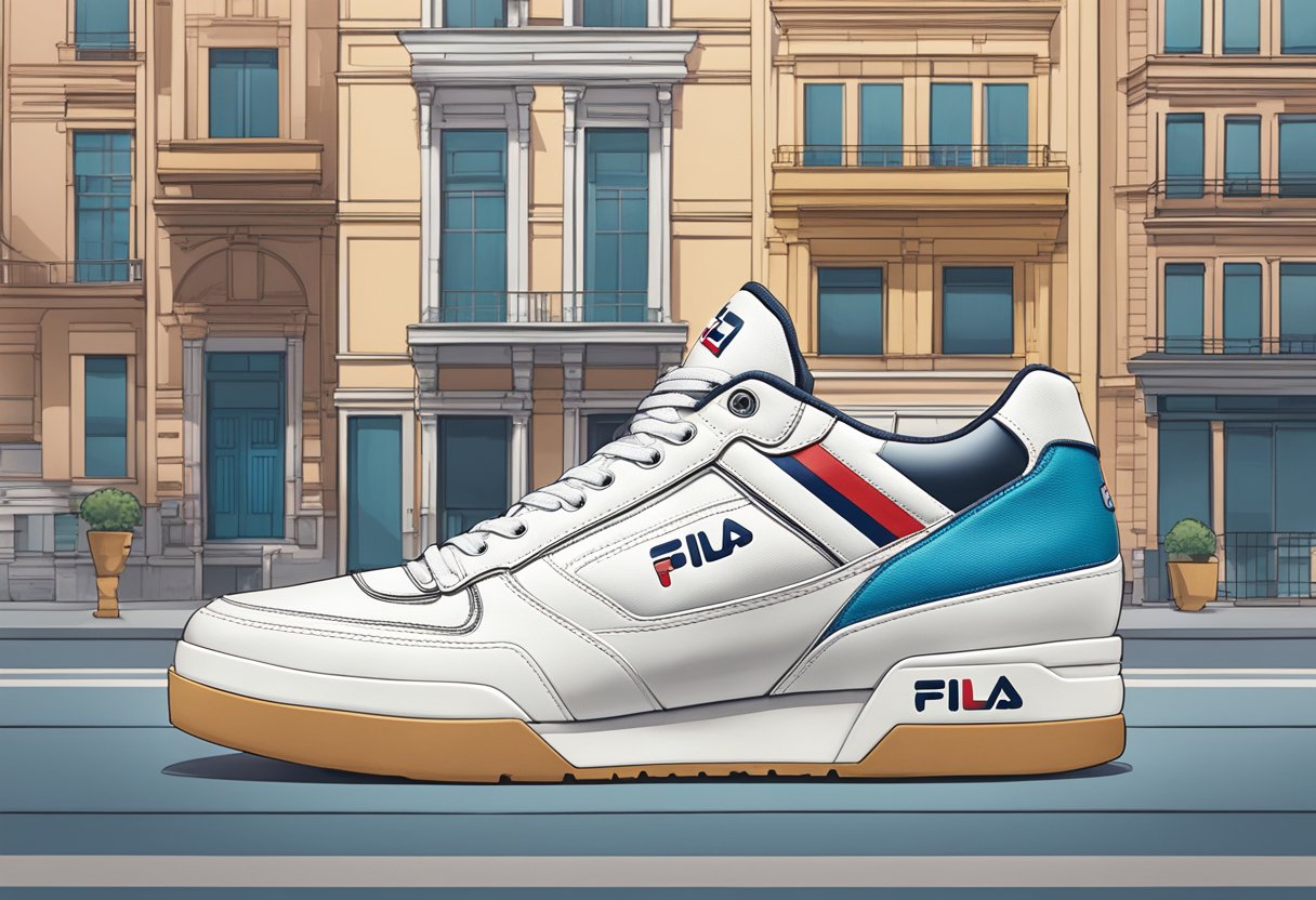 A stylish sneaker displayed against a modern urban backdrop, showcasing the fusion of fashion and functionality in Fila Singapore