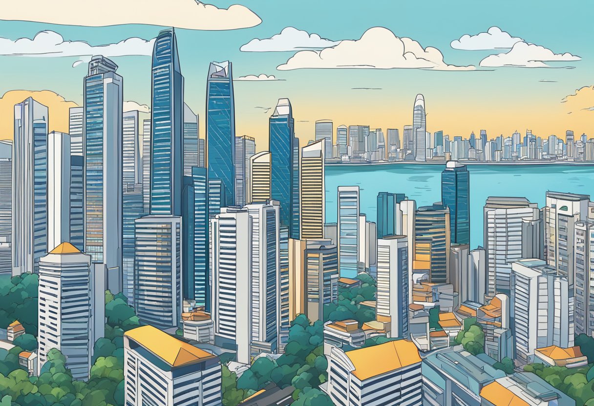 A bustling city with tall buildings and clear blue skies, showcasing the iconic skyline of Singapore