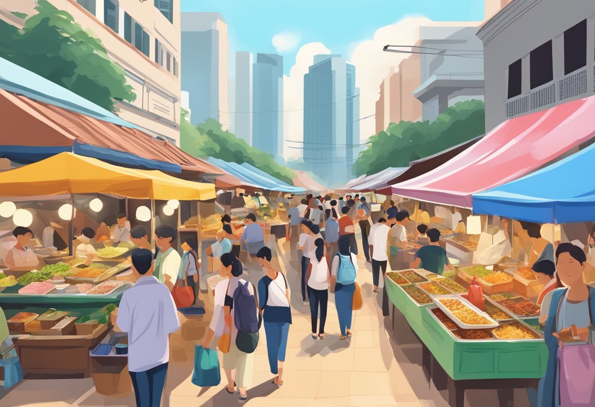 A bustling street market with colorful food stalls and a crowd of people sampling various Thai dishes in Singapore