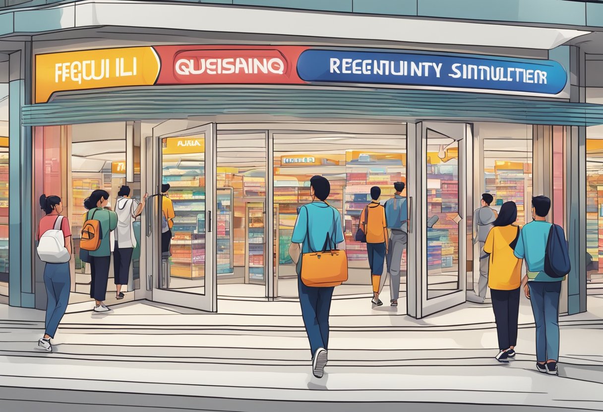 A colorful display of "Frequently Asked Questions" signage at a bustling Fila store in Singapore