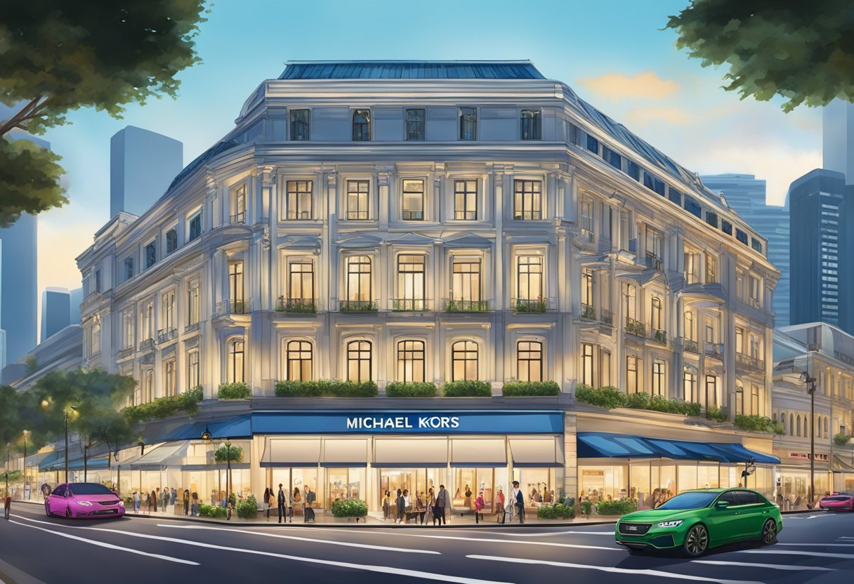 A vibrant cityscape with iconic Singapore landmarks in the background, showcasing a luxurious Michael Kors store front