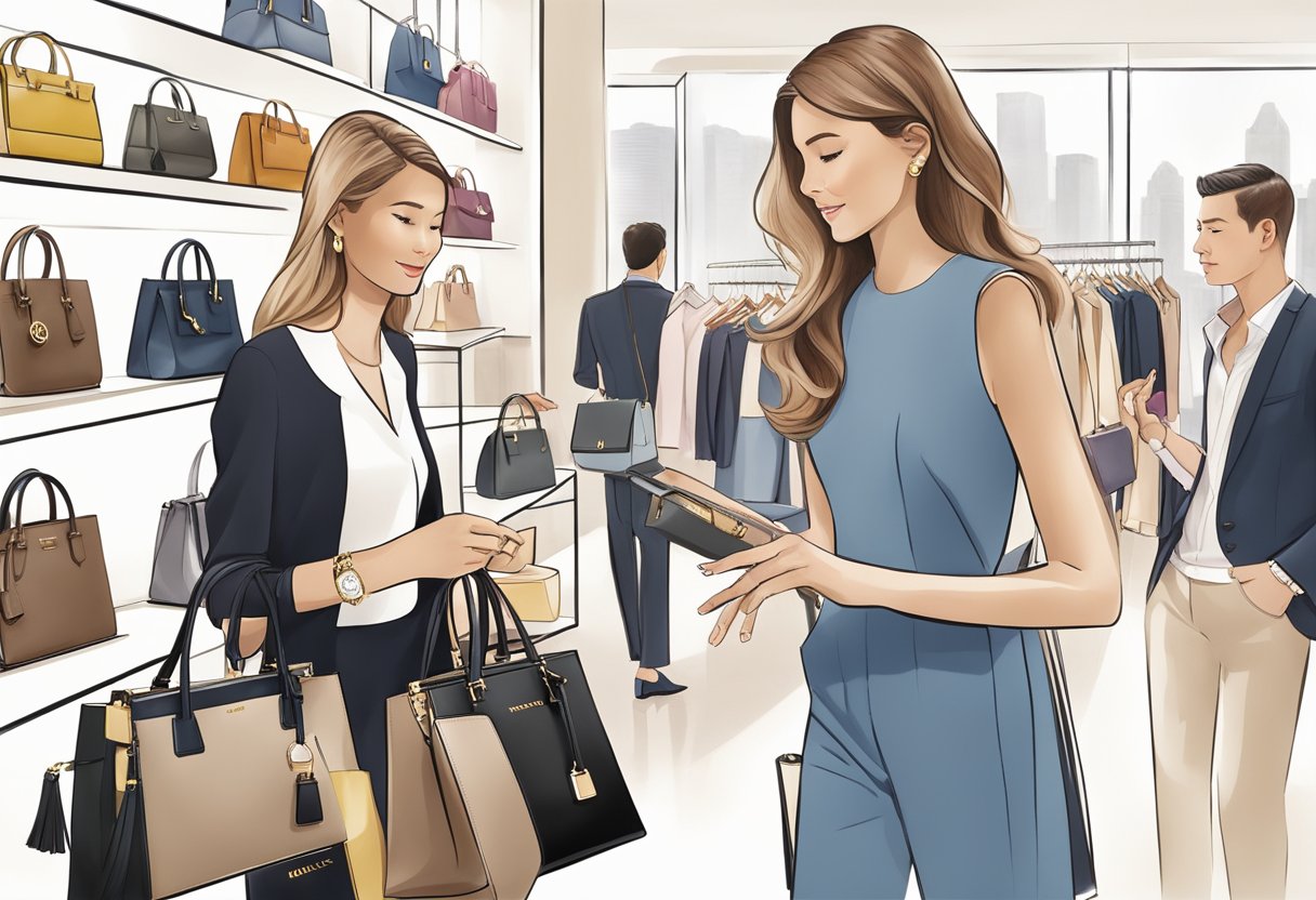 Customers browsing luxury handbags at Michael Kors Singapore, while a sales associate provides personalized assistance and showcases the latest collections