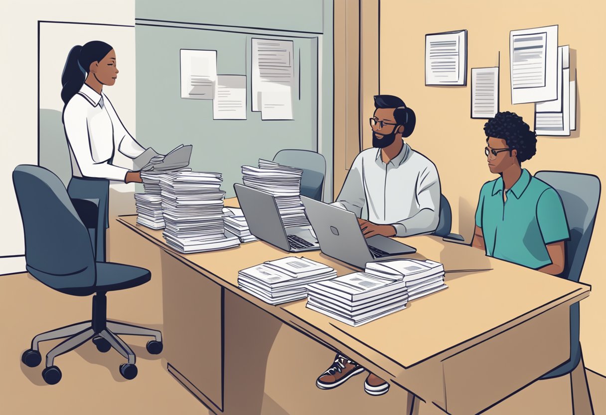 A table with a stack of pamphlets, a laptop open to a FAQ page, and a customer service representative assisting a customer