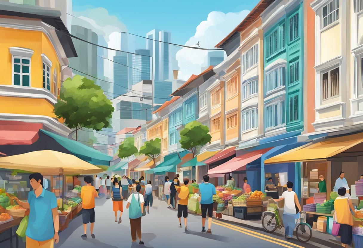A bustling street in Brompton, Singapore, with colorful shophouses, bustling markets, and vibrant street vendors