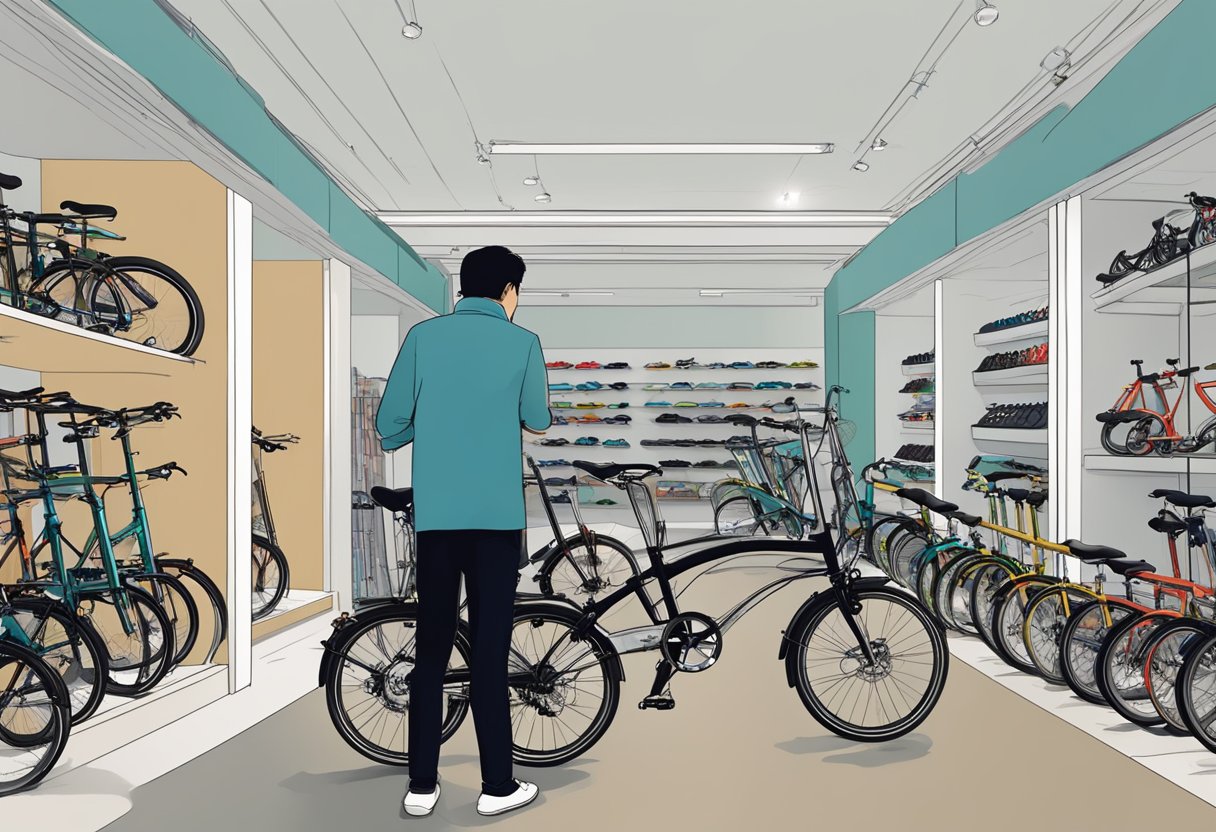 A person exploring Brompton Models store in Singapore, admiring the array of folding bicycles on display