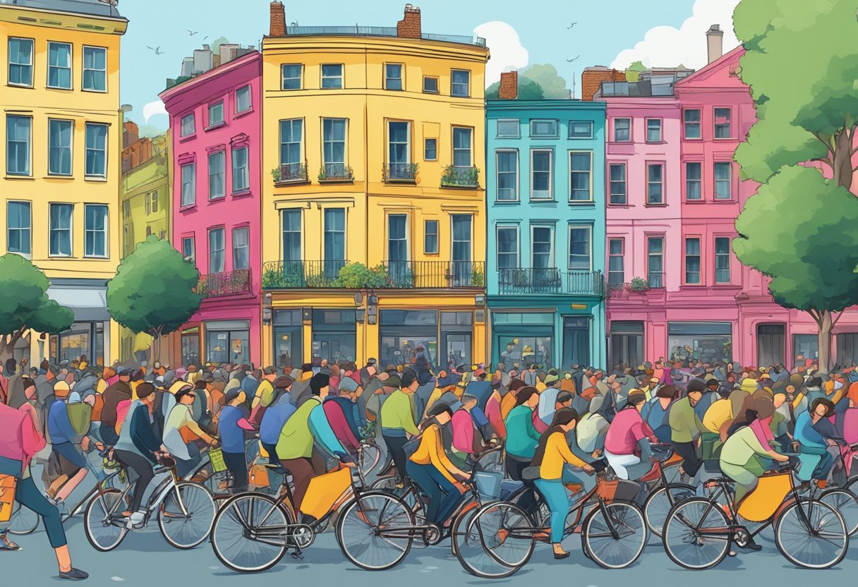 Busy street with colorful buildings, bustling with people and bicycles. Iconic Brompton bikes weaving through the crowd