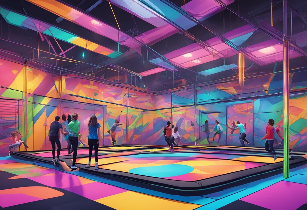 Colorful trampolines fill a vibrant indoor space, with people bouncing and flipping in the air. The walls are adorned with graffiti art, and neon lights add to the energetic atmosphere