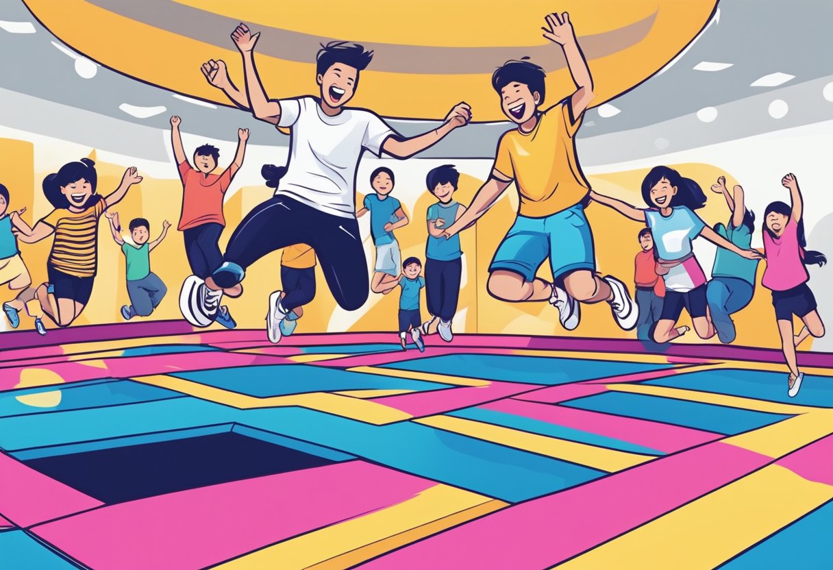 A group of people jumping and bouncing on trampolines at Bounce Singapore, with smiles on their faces and a sense of excitement in the air