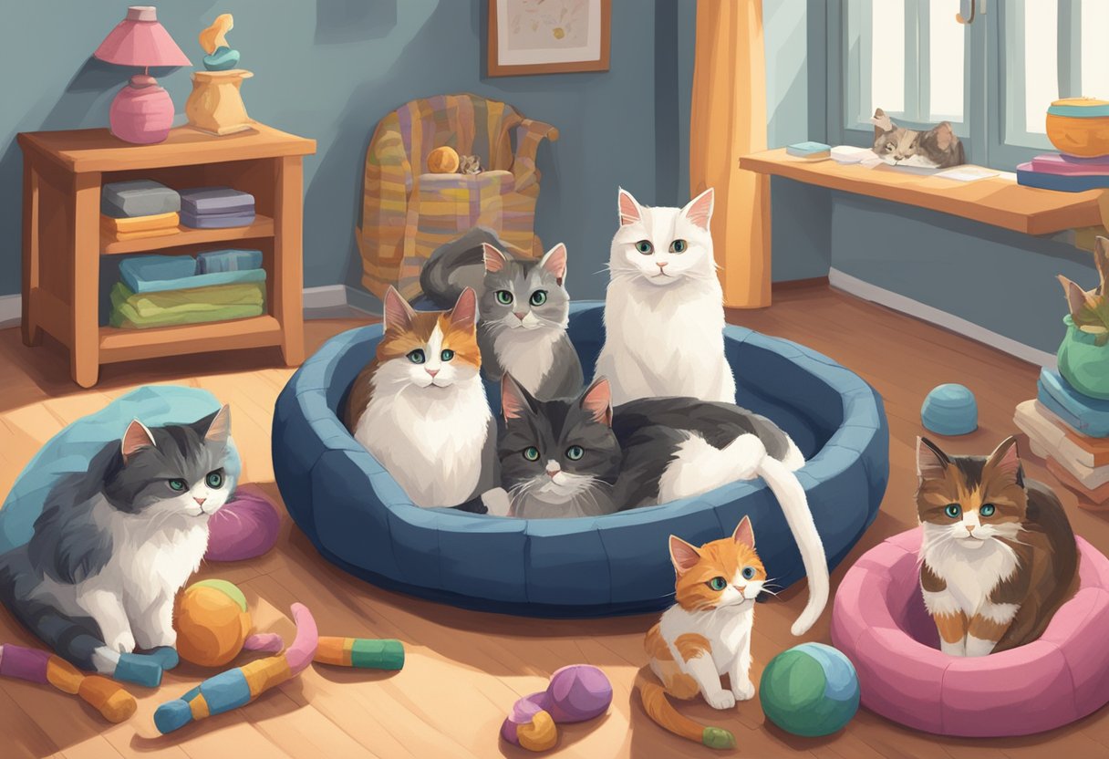 A family of cats gather around a cozy cat bed, surrounded by toys and scratching posts. A sign nearby reads "Adopt, Don't Shop" in bold letters