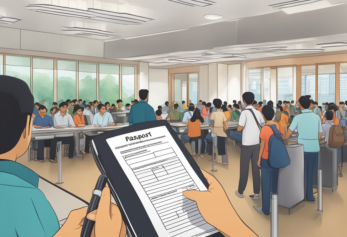 A person filling out a passport renewal form at the Indian embassy in Singapore. The embassy's logo and a queue of people can be seen in the background