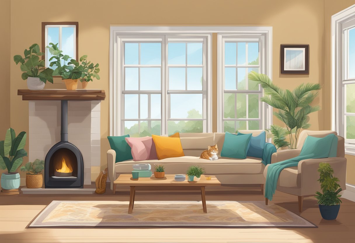 A cozy living room with soft blankets, a scratching post, and a window perch for a cat to gaze outside