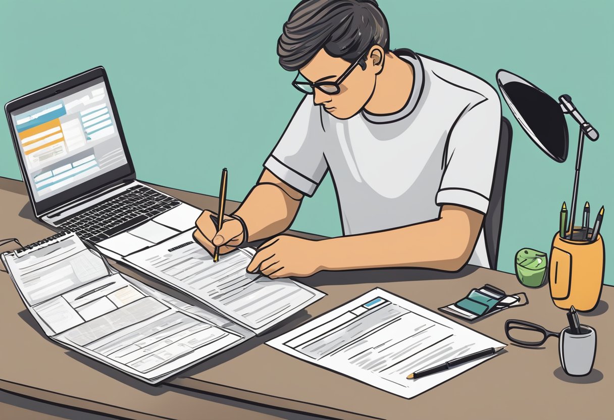 A person filling out a passport renewal form at a desk, with a laptop, documents, and a pen