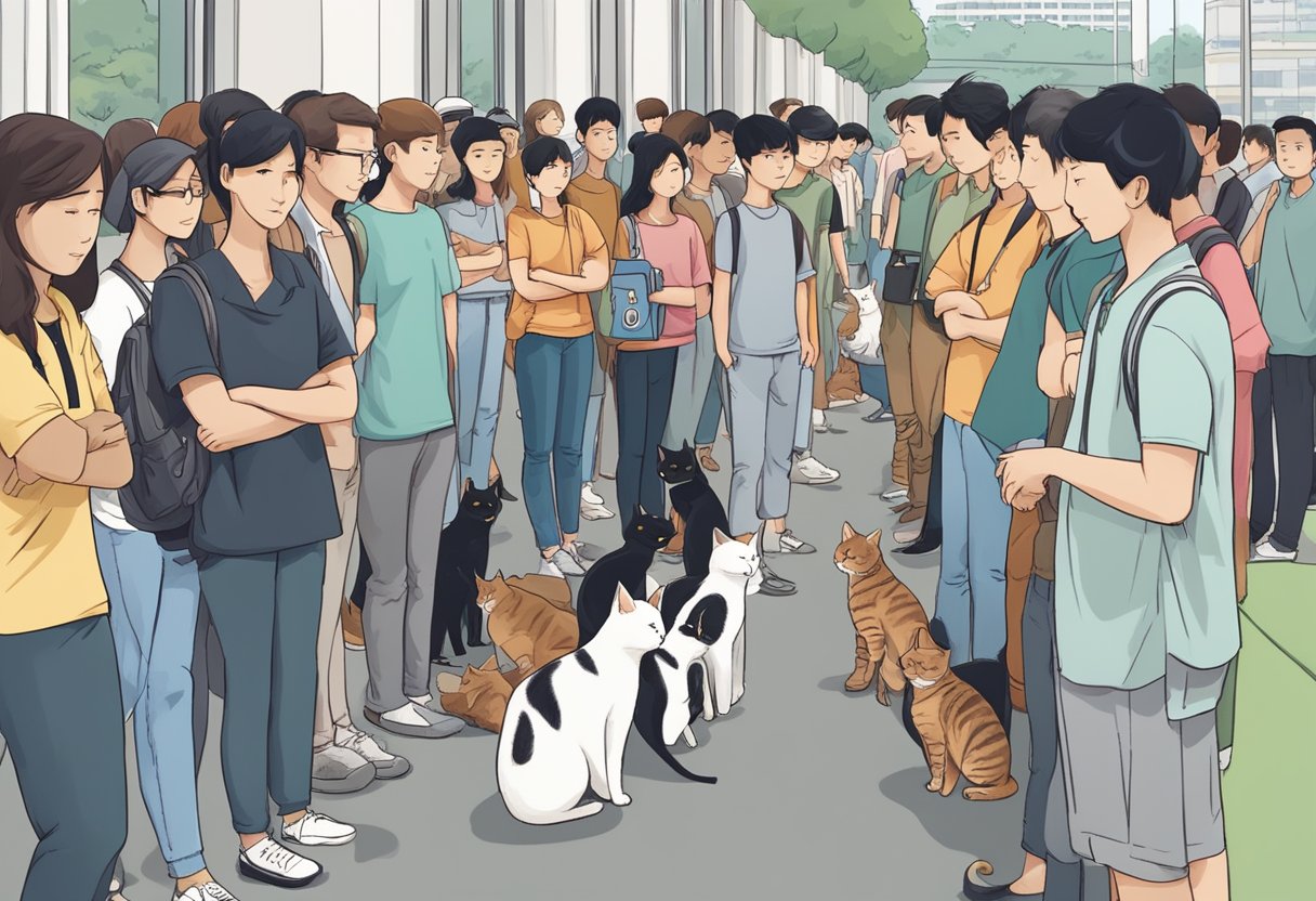 A group of people standing in line, waiting to adopt cats in Singapore. Signs with "Frequently Asked Questions" are displayed