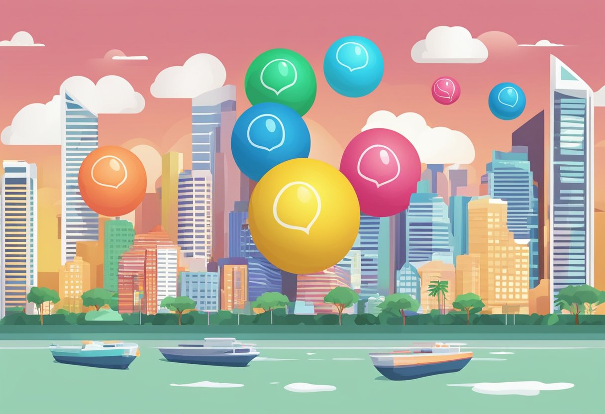 Colorful bouncing balls with "Frequently Asked Questions" text, set against a Singapore backdrop