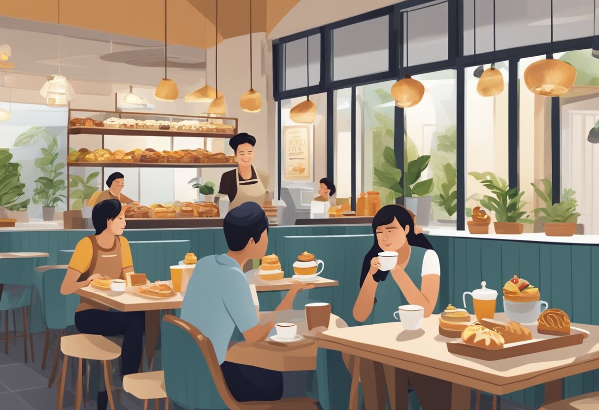 A bustling Delifrance Singapore cafe with customers enjoying freshly baked pastries and aromatic coffee. A friendly staff member serves a delicious meal at a cozy table