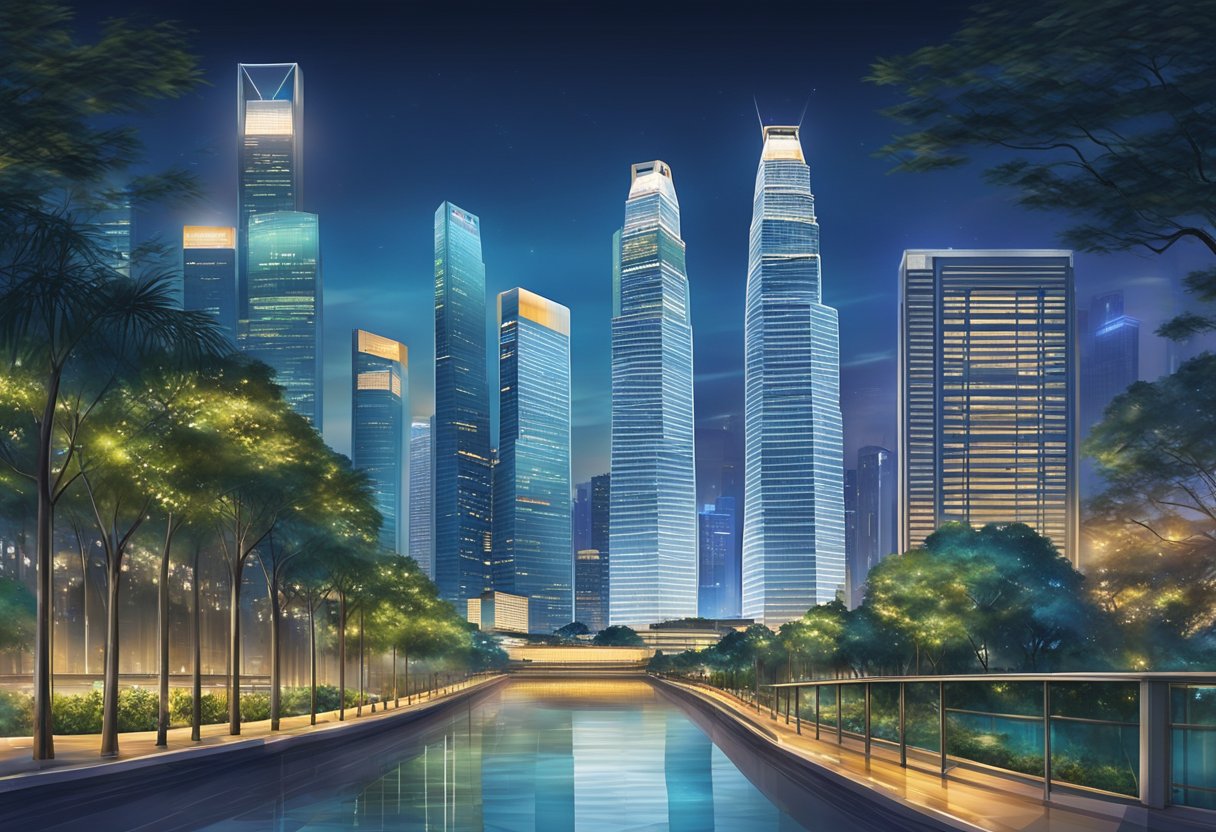 The Bank of China Singapore, a modern glass and steel skyscraper, stands tall against the city skyline, reflecting the vibrant city lights at night