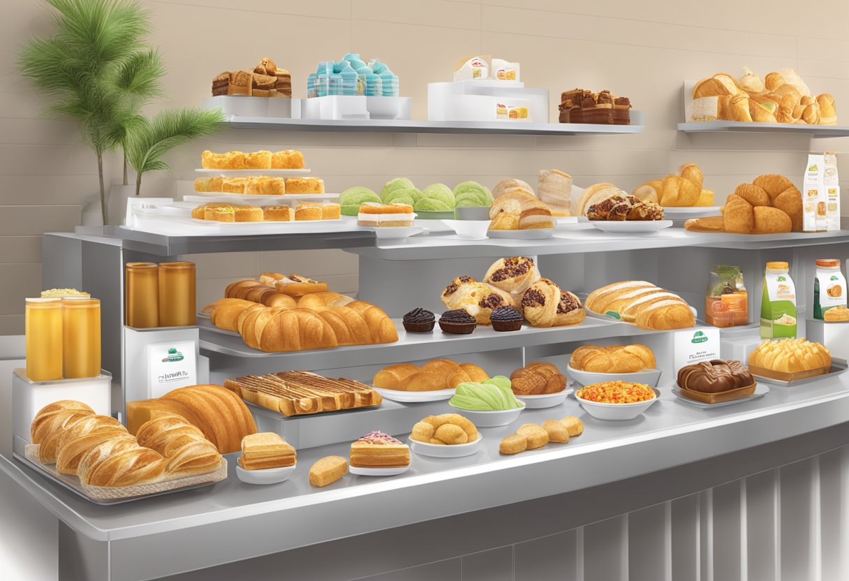 A display of Delifrance Singapore's products and services, including a variety of pastries, sandwiches, and beverages, arranged neatly on a counter or shelf