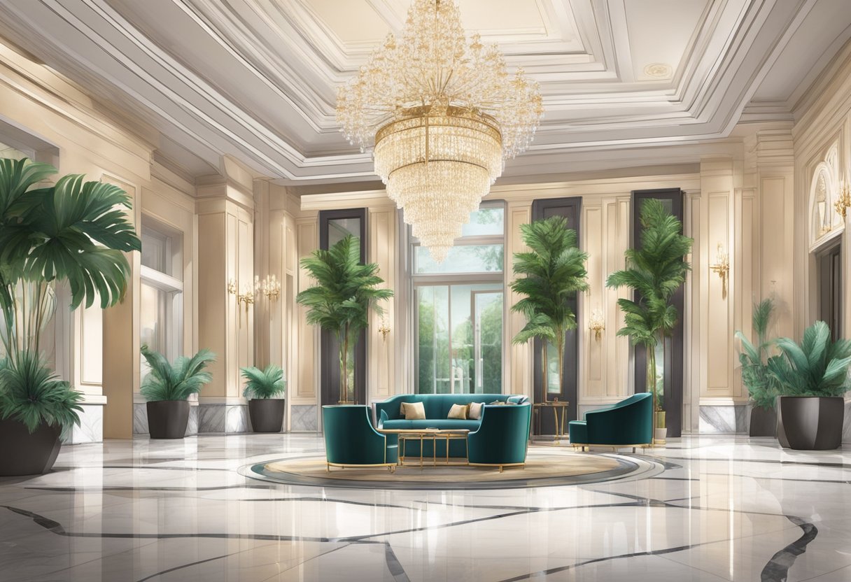 A lavish lobby with marble floors, high ceilings, and modern art. A concierge desk and plush seating. Lush greenery and a grand chandelier