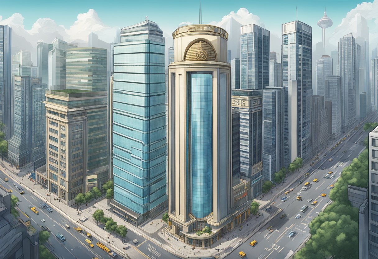 A modern bank building with the Bank of China logo prominently displayed, surrounded by bustling city streets and tall skyscrapers
