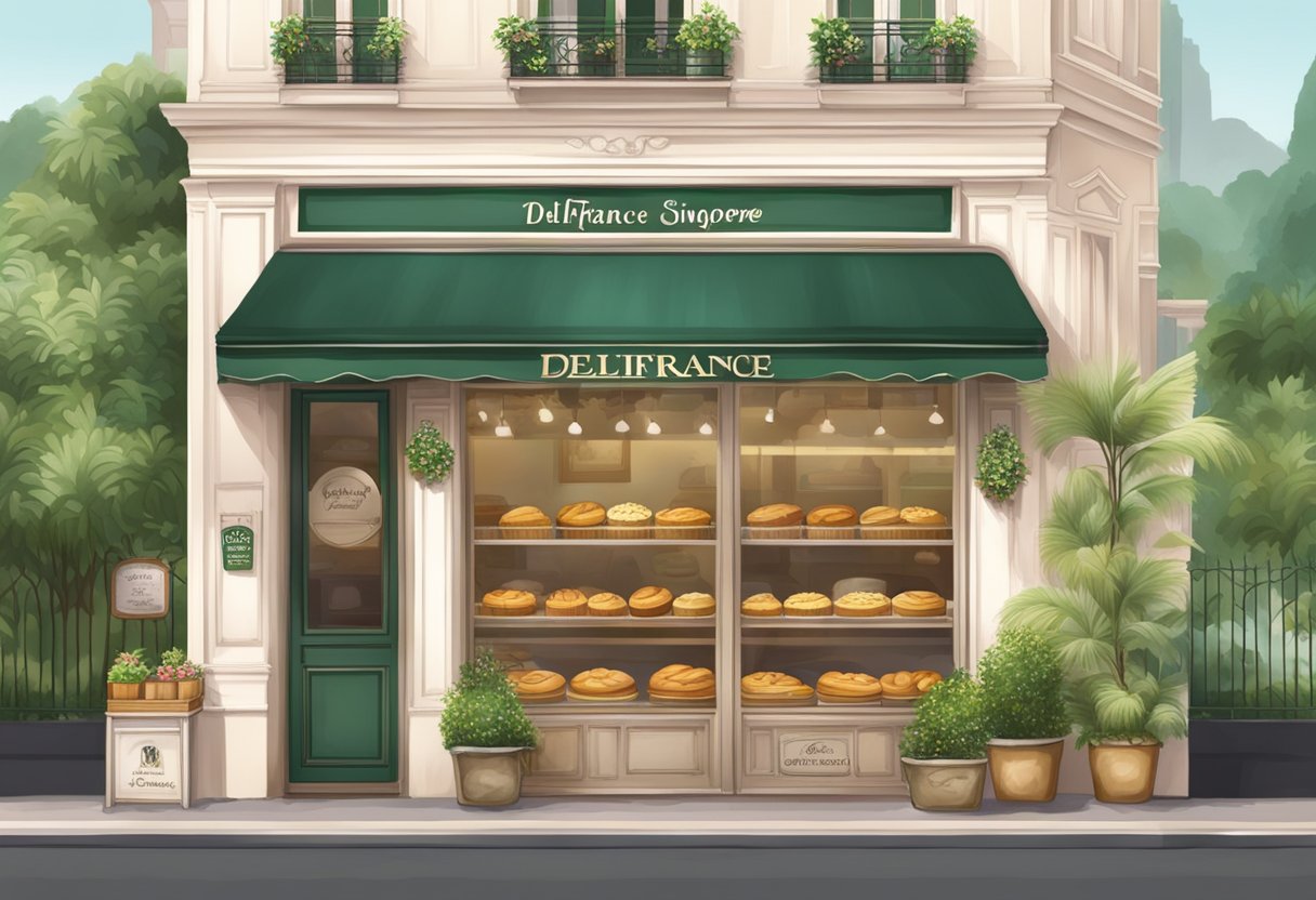 A bakery storefront with traditional French architecture and a sign reading "Delifrance Singapore." Surrounding greenery and a welcoming atmosphere