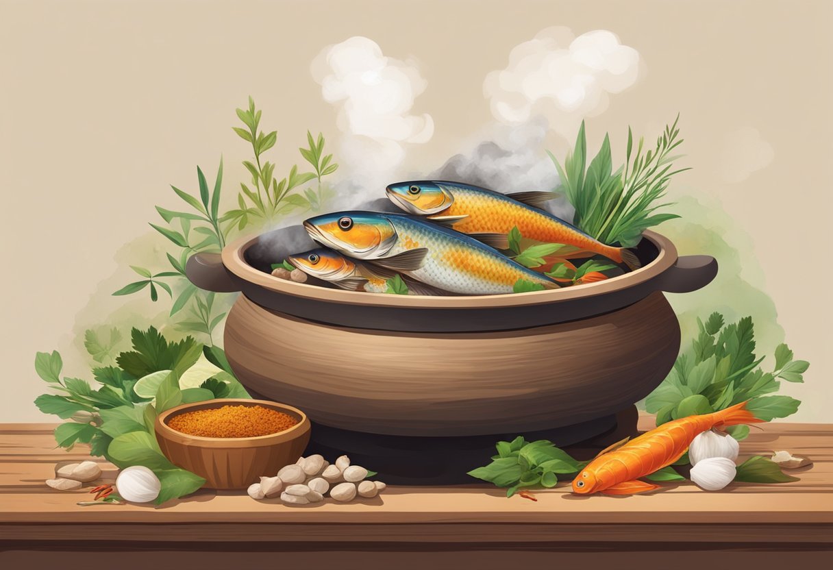 A steaming stonepot sits on a rustic wooden table, filled with fragrant Yunnan Stonepot Fish, surrounded by vibrant herbs and spices