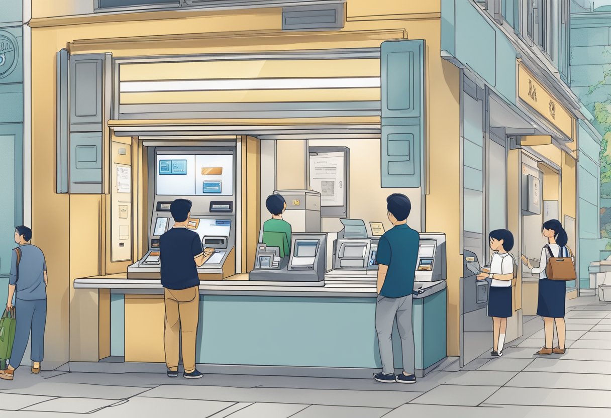 Bank of China Singapore: A customer swipes their card at the ATM, while another person fills out a deposit slip at the teller window. Transactions are happening at multiple counters