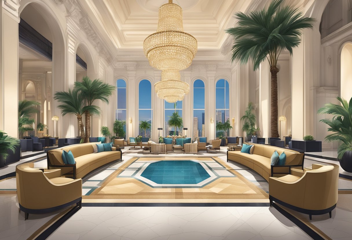 A grand lobby with marble floors and chandeliers, flanked by elegant check-in desks and plush seating areas. A poolside oasis with cabanas and palm trees, overlooking the city skyline