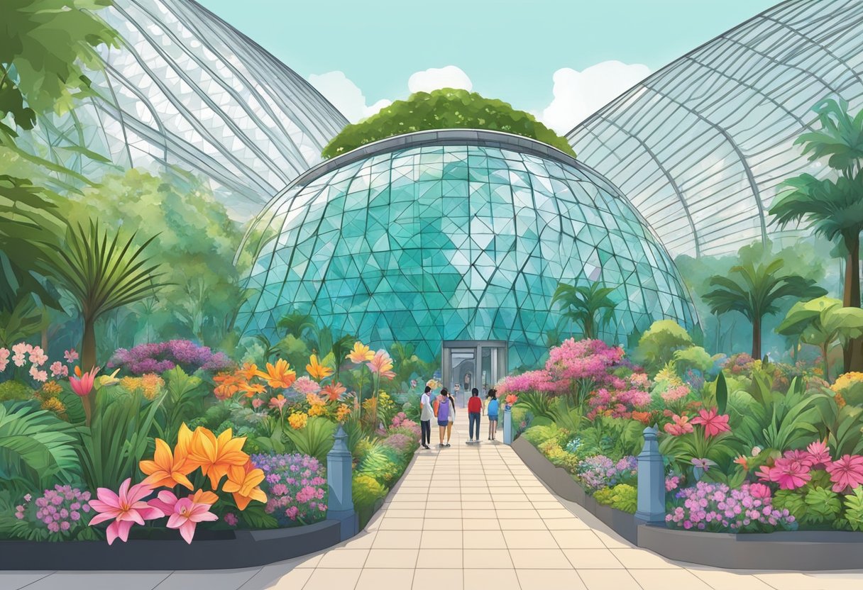 Vibrant flowers and lush greenery fill the iconic Flower Dome in Singapore, with its iconic glass structure and colorful botanical displays
