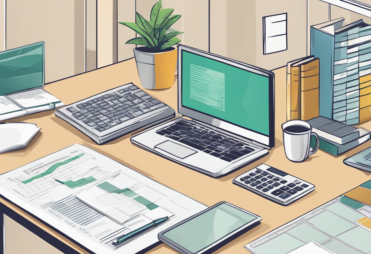 An office desk with a laptop, calculator, and pay stubs. A graph showing salary distribution in the background