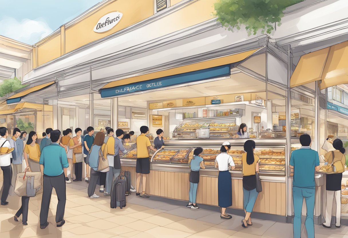 A bustling delifrance outlet in Singapore, with customers queuing and staff serving pastries and coffee