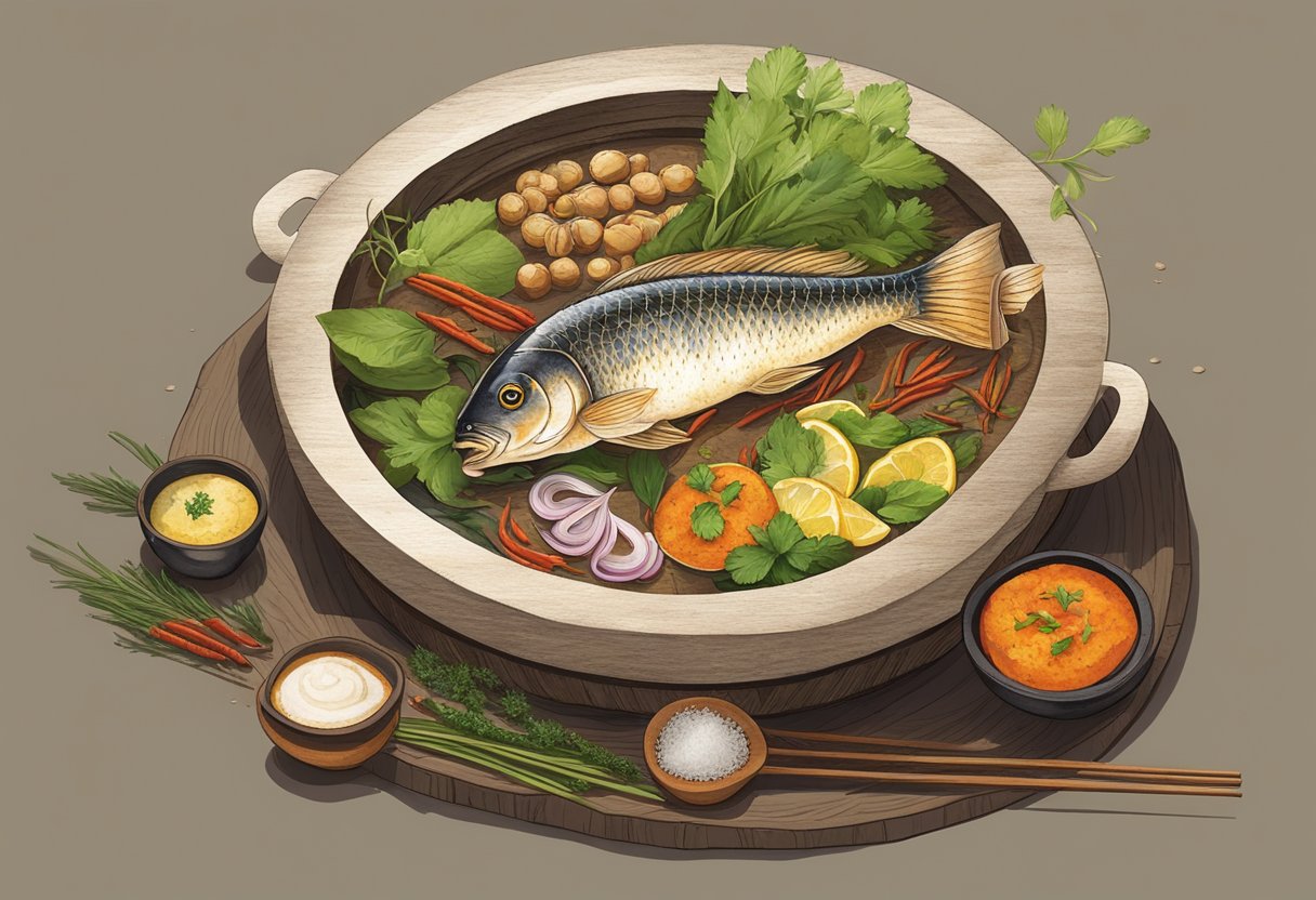 A sizzling yunnan stonepot fish, surrounded by aromatic herbs and spices, steams on a rustic wooden table. The dish emanates a tantalizing aroma, evoking a sense of warmth and comfort