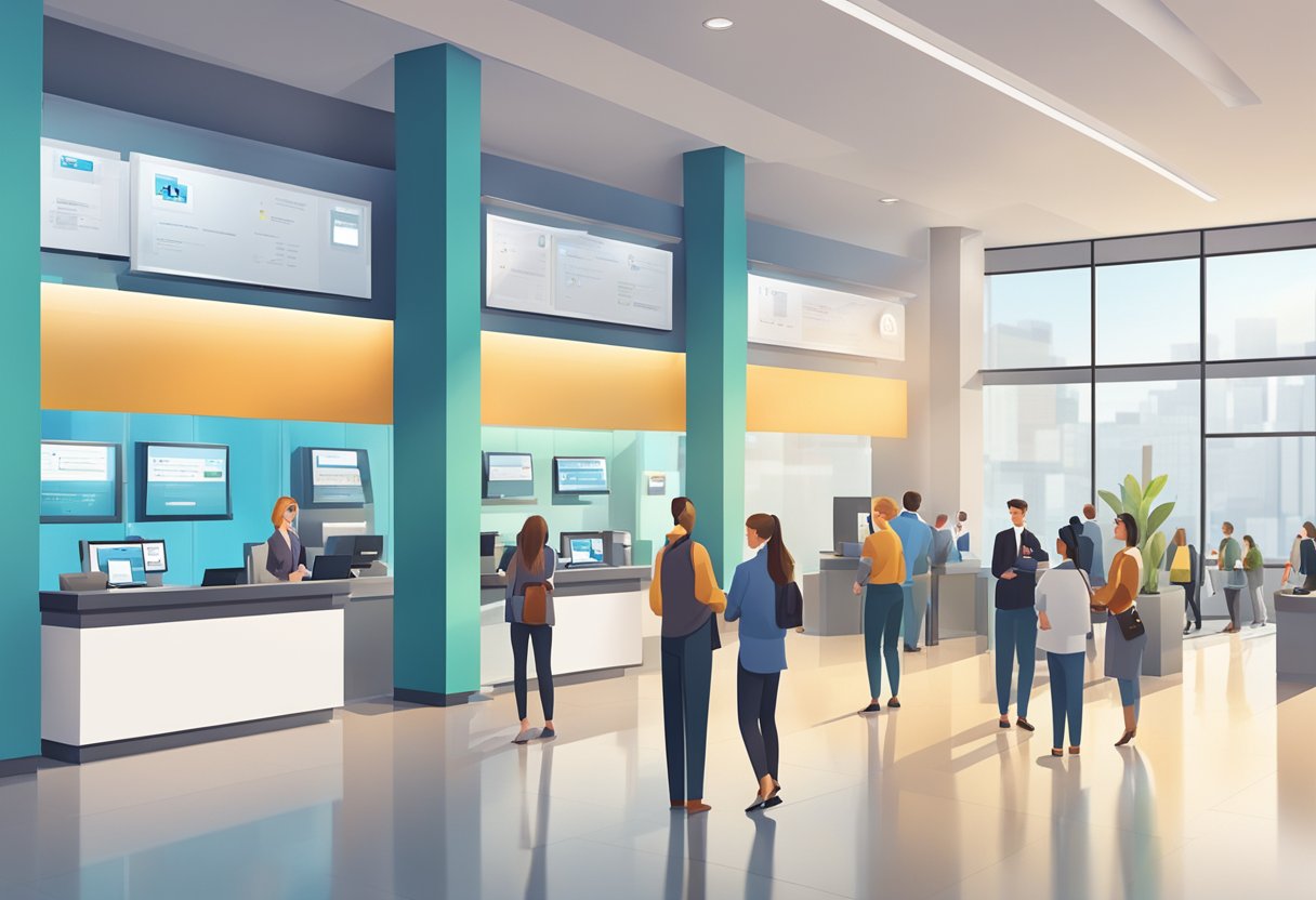 A modern, bustling bank lobby with customers at teller windows, digital screens displaying FAQs, and staff assisting clients