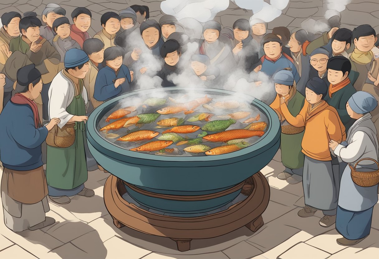 A steaming yunnan stonepot filled with fragrant fish, surrounded by curious onlookers